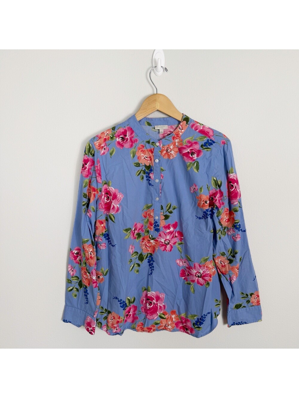 Talbots Floral Henley Blouse Womens Large Lightweight 100% Cotton Pintuck Top